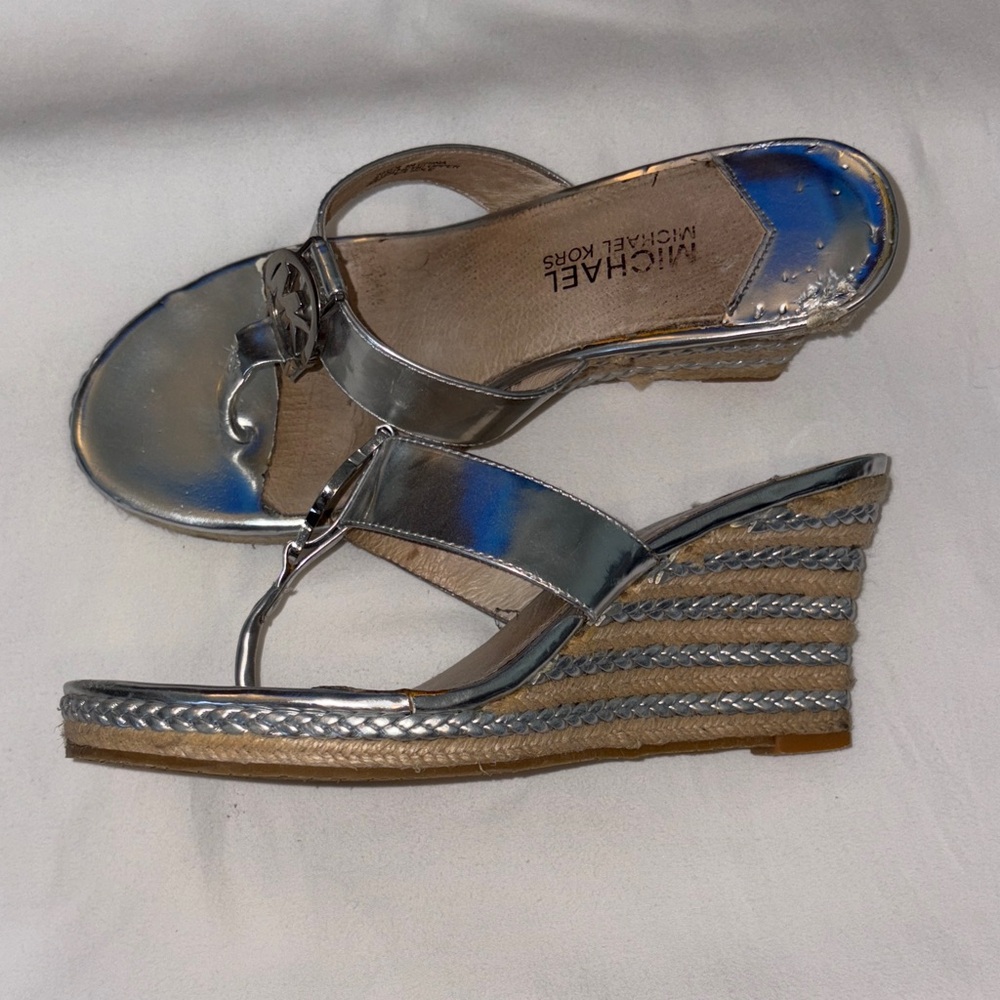 Michael Kors Silver Metallic Espadrille Wedge Sandals